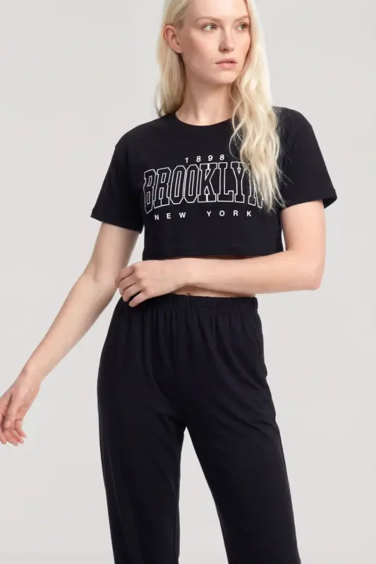 Angelino Crop T-Shirt Pants Set Black - 2