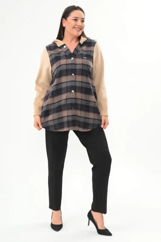 Angelino Ekose Desen Çıt Çıt Düğmeli Cep Detaylı Bej Mont - BÜYÜKBEDENIZ