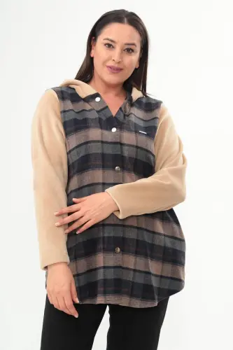 Angelino Ekose Desen Çıt Çıt Düğmeli Cep Detaylı Bej Mont - BÜYÜKBEDENIZ (1)