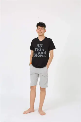 Angelino Erkak O'smor Garson Bo'y Qisqa Yeng Qora Penye Shortikli Pijama To'plami 20377 - 6