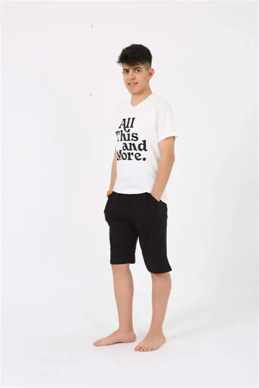 Angelino Erkak Yosh Ofitsiant Bola Qisqa Yeng Ekru Penye Shortikli Pijama To'plami 20377 - 7
