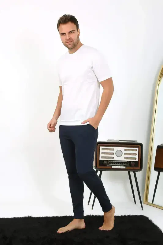 Angelino Erkaklar Paxta Bir Ostki Pijama Ko'k 27551 - 21