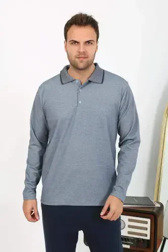 Angelino Erkaklar Polo Yoqasining uzun kollu paxta pijama toʻplami Toʻq koʻk 6865 - 11