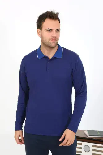 Angelino Erkaklar Polo Yoqasining uzun kollu paxta pijama toʻplami Toʻq koʻk 6865 - 13