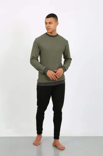 Angelino Erkaklar uchun uzun qoʻlli, manjetli, jerseydan tikilgan pijama toʻplami 6870 Haki - 24