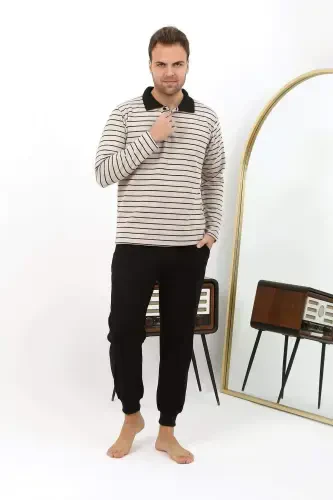 Angelino Erkaklar uchun uzun yengli polo yoqali triko pijama to‘plami 6862 krem - 4