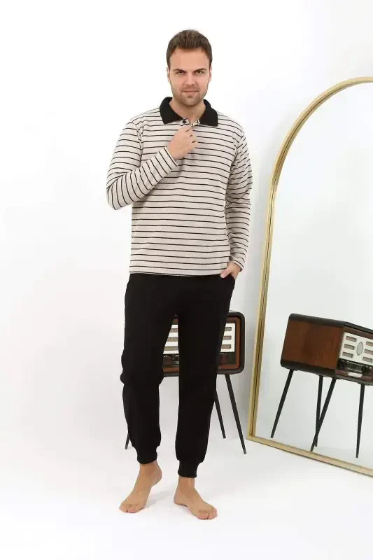 Angelino Erkaklar uchun uzun yengli polo yoqali triko pijama to‘plami 6862 krem - 4