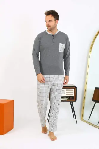 Angelino Erkaklar Uzoq Yengli Paxta Antrasit Pijama To'plami 6861 - 8