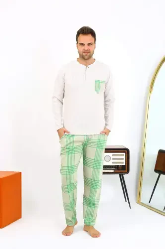 Angelino Erkaklar Uzoq Yengli Paxta Krem Pijama To'plami 6861 - 12