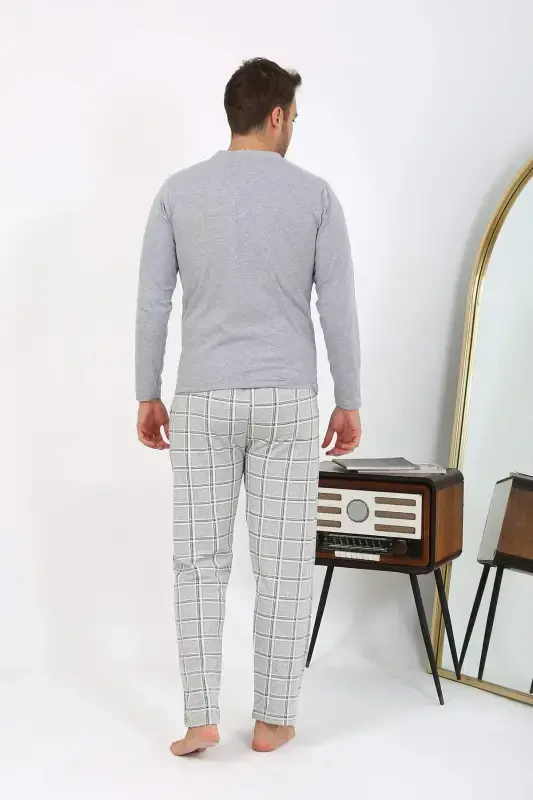 Angelino Erkaklar Uzoq Yengli Paxta Kulrang Pijama To'plami 6861 - 7