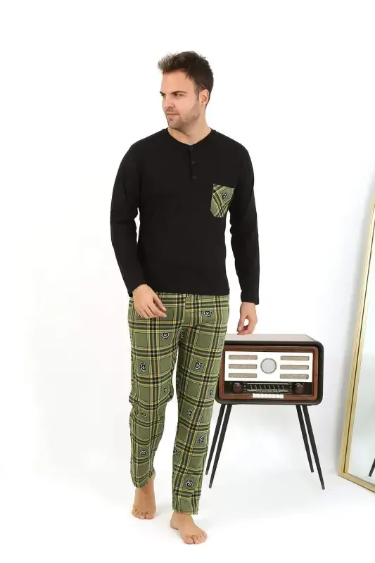 Angelino Erkaklar Uzoq Yengli Paxta Qora Pidjak To'plami 6861 - 4