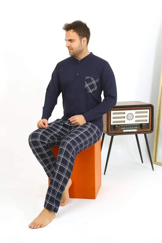 Angelino Erkaklar Uzoq Yengli Paxta To'q ko'k Pidjama To'plami 6861 - 6