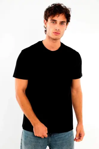 Angelino Erkek Bisiklet Yaka %100 Pamuk Kalın Dokulu Siyah T-Shirt - 3