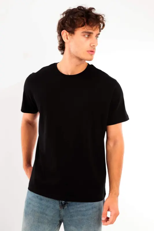 Angelino Erkek Bisiklet Yaka %100 Pamuk Siyah T-Shirt - 3