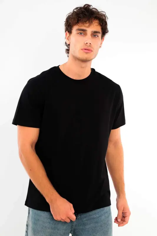 Angelino Erkek Bisiklet Yaka %100 Pamuk Siyah T-Shirt - BÜYÜKBEDENIZ