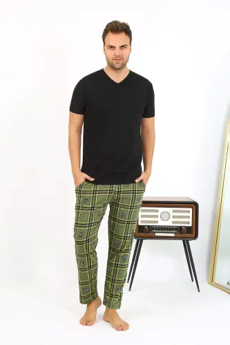Angelino Erkek Ekoseli Desen Penye Tek Alt Pijama 27540 Haki - 5