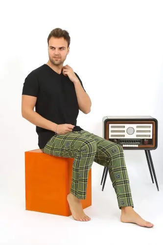 Angelino Erkek Ekoseli Desen Penye Tek Alt Pijama 27540 Haki - 6