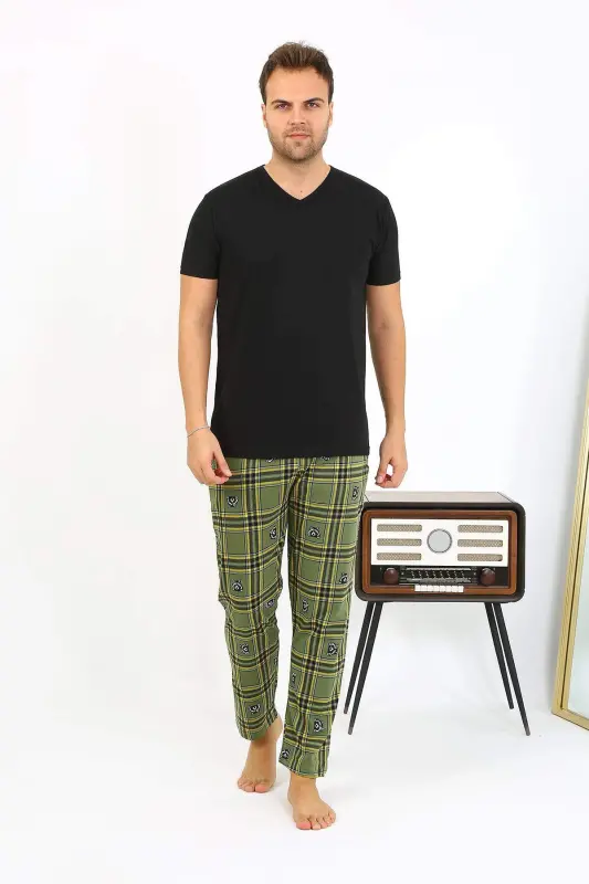 Angelino Erkek Ekoseli Desen Penye Tek Alt Pijama 27540 Haki - 8