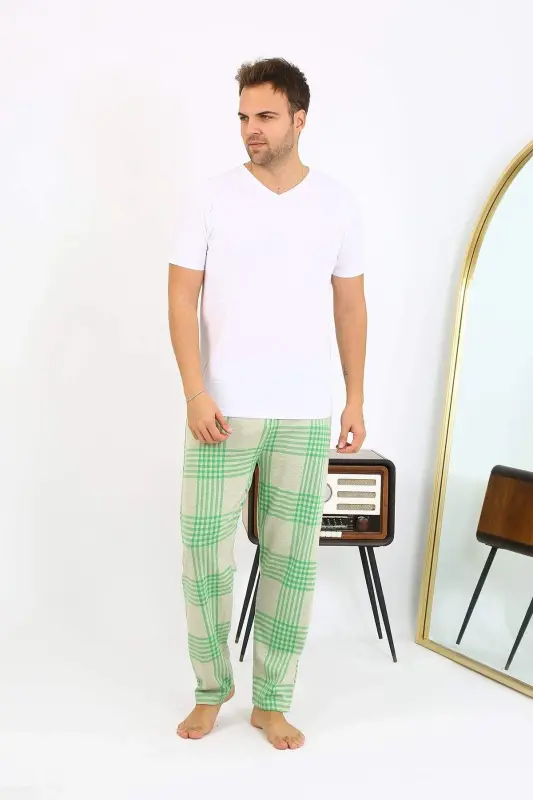 Angelino Erkek Ekoseli Desen Penye Tek Alt Pijama 27540 Yeşil - 7