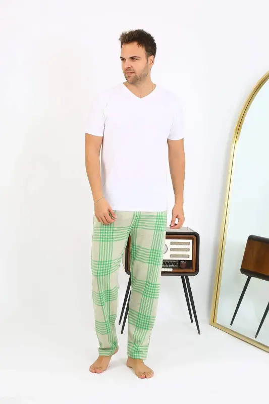 Angelino Erkek Ekoseli Desen Penye Tek Alt Pijama 27540 Yeşil - 12