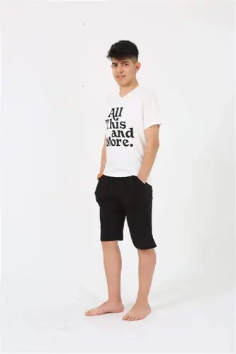 Angelino Erkek Genç Garson Boy Kısa Kol Ekru Penye Şortlu Pijama Takımı 20377 - 3