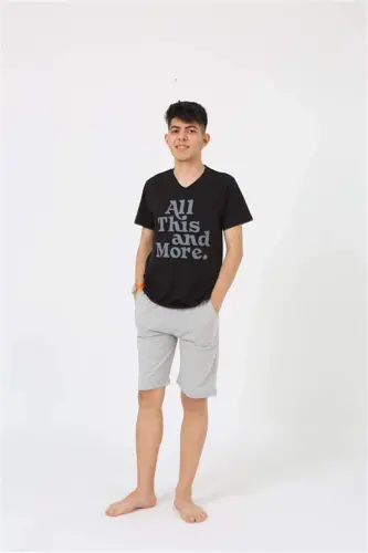 Angelino Erkek Genç Garson Boy Kısa Kol Siyah Penye Şortlu Pijama Takımı 20377 - 1