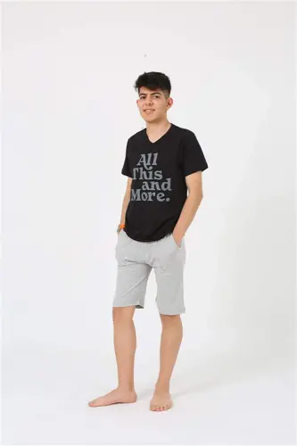 Angelino Erkek Genç Garson Boy Kısa Kol Siyah Penye Şortlu Pijama Takımı 20377 - 3