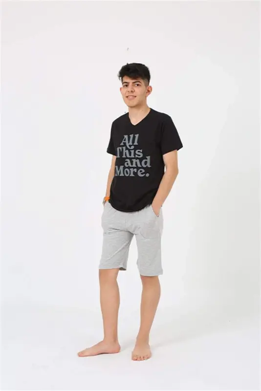 Angelino Erkek Genç Garson Boy Kısa Kol Siyah Penye Şortlu Pijama Takımı 20377 - 8
