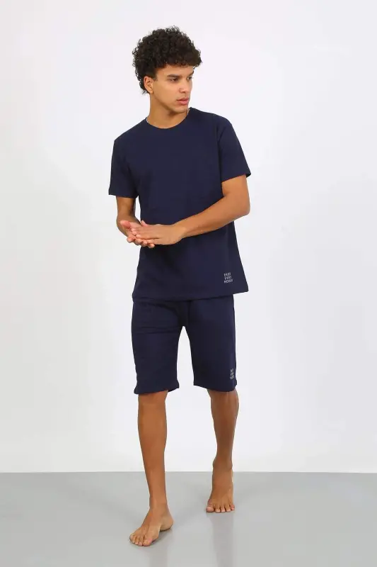 Angelino Erkek Pamuk Lakost Alt Üst Kaprili Pijama Takım Lacivert 6873 - 6