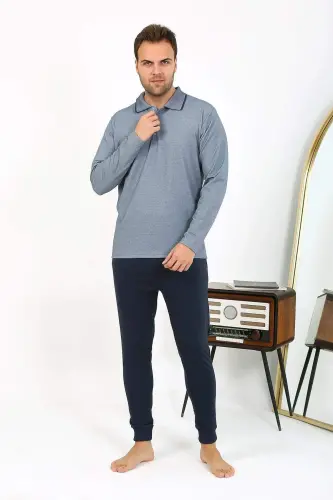 Angelino Erkek Polo Yaka Uzun Kol Penye Pijama Takımı Lacivert 6865 - 9