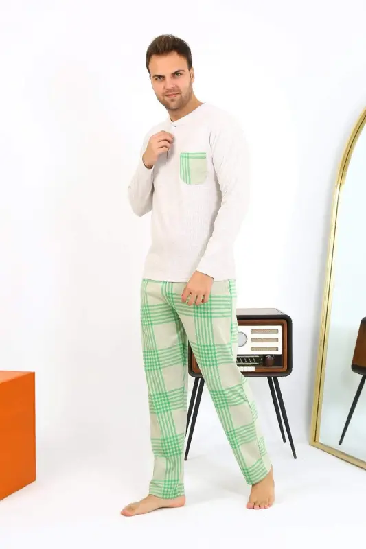 Angelino Erkek Uzun Kol Penye Krem Pijama Takımı 6861 - 4