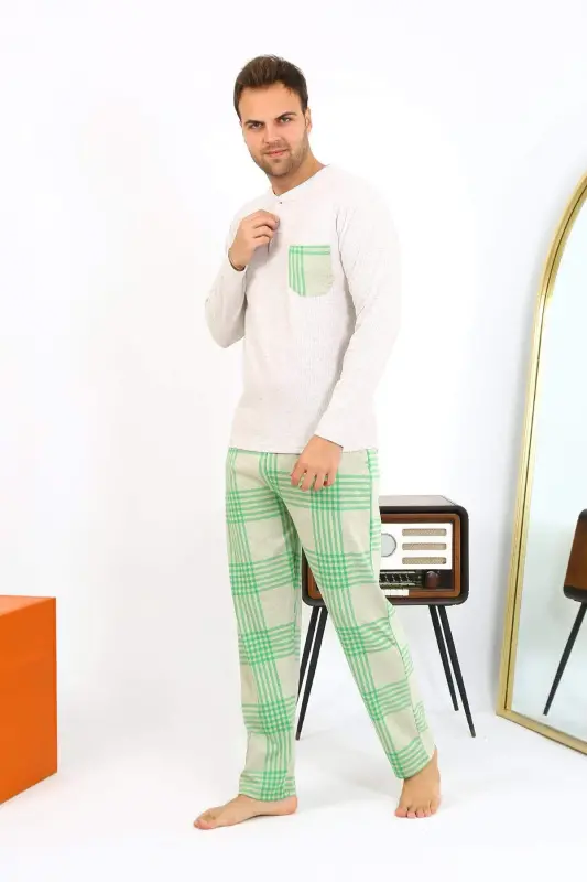 Angelino Erkek Uzun Kol Penye Krem Pijama Takımı 6861 - 11