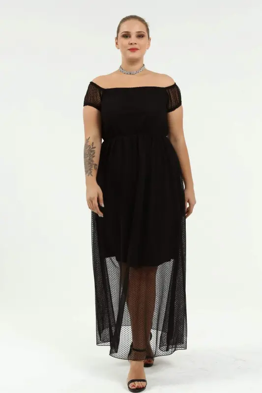 Angelino Genç Büyük Beden Puantiye Tüllü Kayık Yaka Abiye Elbise KL8029 - 1