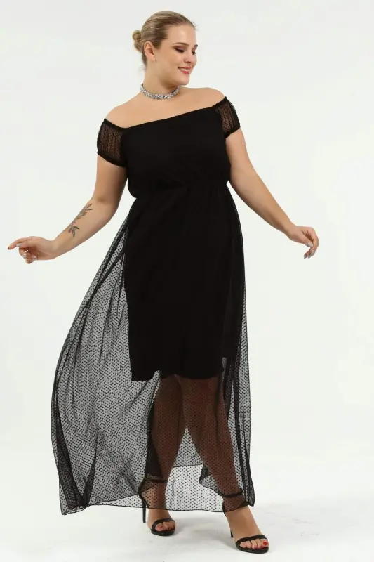 Angelino Genç Büyük Beden Puantiye Tüllü Kayık Yaka Abiye Elbise KL8029 - 7