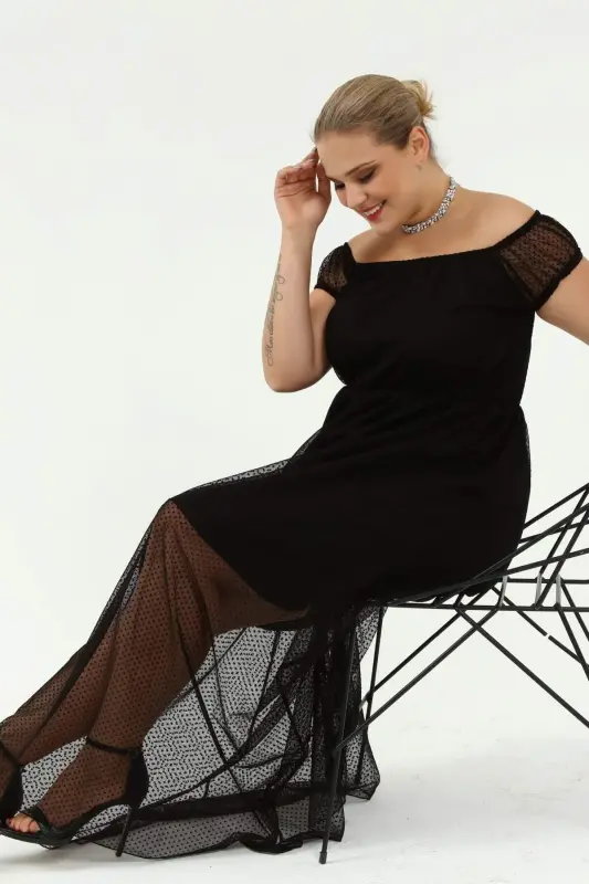 Angelino Genç Büyük Beden Puantiye Tüllü Kayık Yaka Abiye Elbise KL8029 - 9