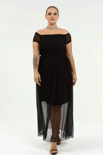 Angelino Genç Büyük Beden Puantiye Tüllü Kayık Yaka Abiye Elbise KL8029 - 1