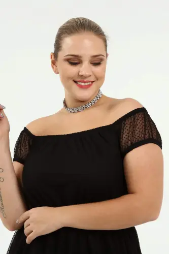 Angelino Genç Büyük Beden Puantiye Tüllü Kayık Yaka Abiye Elbise KL8029 - BÜYÜKBEDENIZ (1)