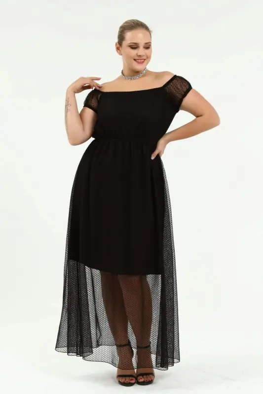 Angelino Genç Büyük Beden Puantiye Tüllü Kayık Yaka Abiye Elbise KL8029 - 4