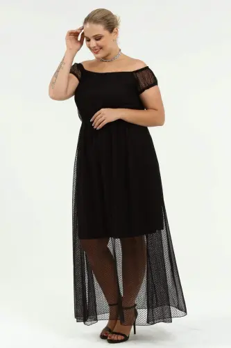 Angelino Genç Büyük Beden Puantiye Tüllü Kayık Yaka Abiye Elbise KL8029 - 6