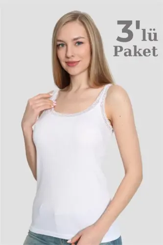 Angelino İç Giyim Kadın Beyaz İnce Askılı Dantelli Atlet 3'Lü Paket - 1
