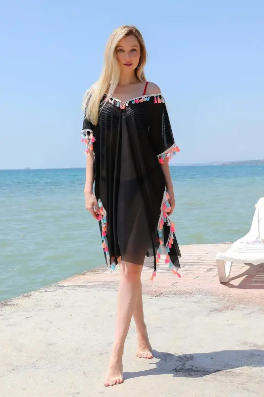 Angelino Kadın Püsküllü Tunik Pareo Plaj Elbisesi Siyah 38048 - 1