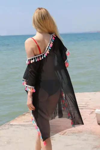 Angelino Kadın Püsküllü Tunik Pareo Plaj Elbisesi Siyah 38048 - 5