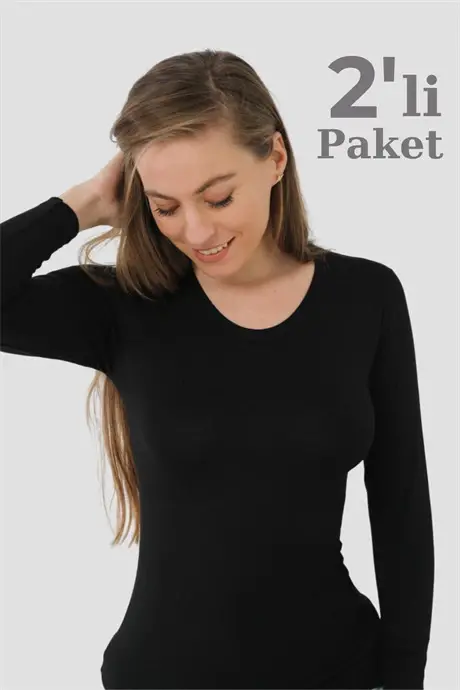Angelino İç Giyim Kadın Ribana Siyah Uzun Kollu Badi 2'Li Paket - 1