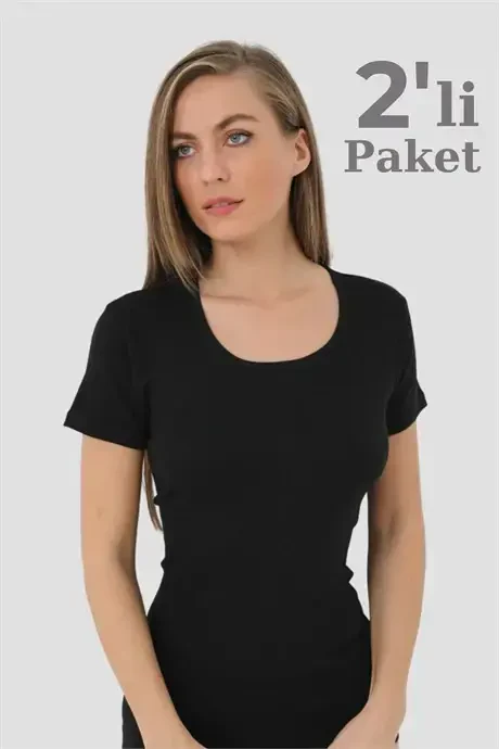 Angelino Ichki Kiyim Ayollar Qora Qirrali Qisqa Yengli Mayka 2-Ta To'plam - 6