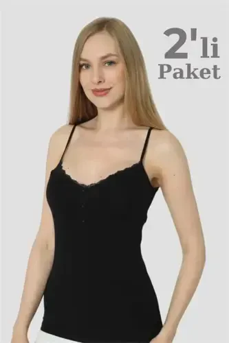 Angelino ichki kiyimi ayollar uchun tugmachali mayka qora rangli likrali ip toshli 2 dona to‘plam - 1