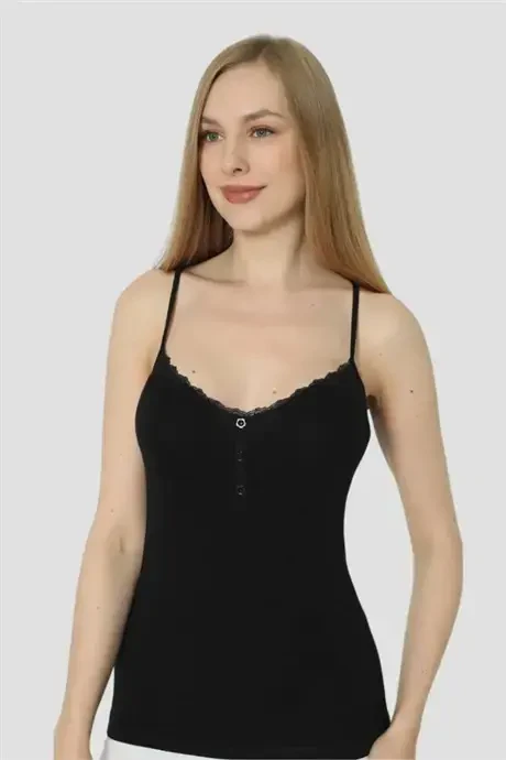 Angelino Innerwear Women's Buttoned Camisole Black Lycra Spaghetti Strap 2 Pack - 3