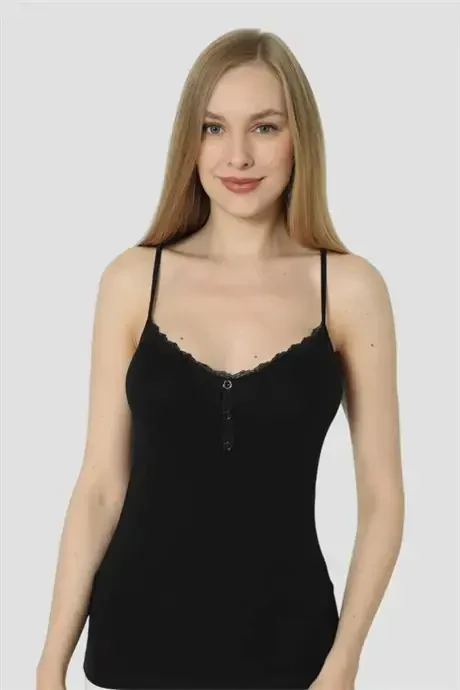 Angelino Innerwear Women's Buttoned Camisole Black Lycra Spaghetti Strap 2 Pack - 4