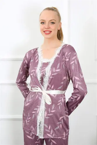 Angelino Kadın 3'lü Lila Sabahlık Pijama Takım 16103 - 11