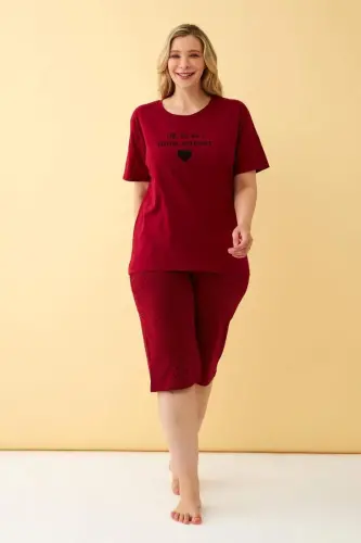 Angelino Kadın Bordo Kalp Desenli Büyük Beden Kapri Pijama Takımı - BÜYÜKBEDENIZ (1)