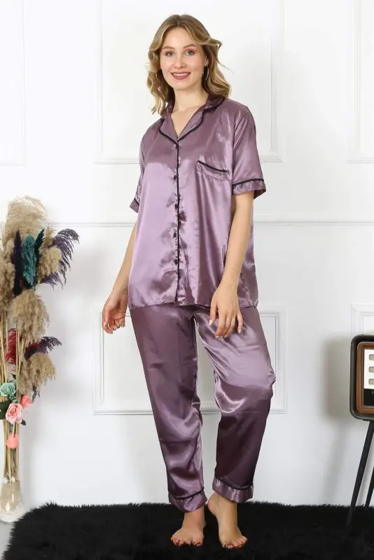 Angelino Kadın Büyük Beden Mor Saten Pijama Takımı 10303 - BÜYÜKBEDENIZ